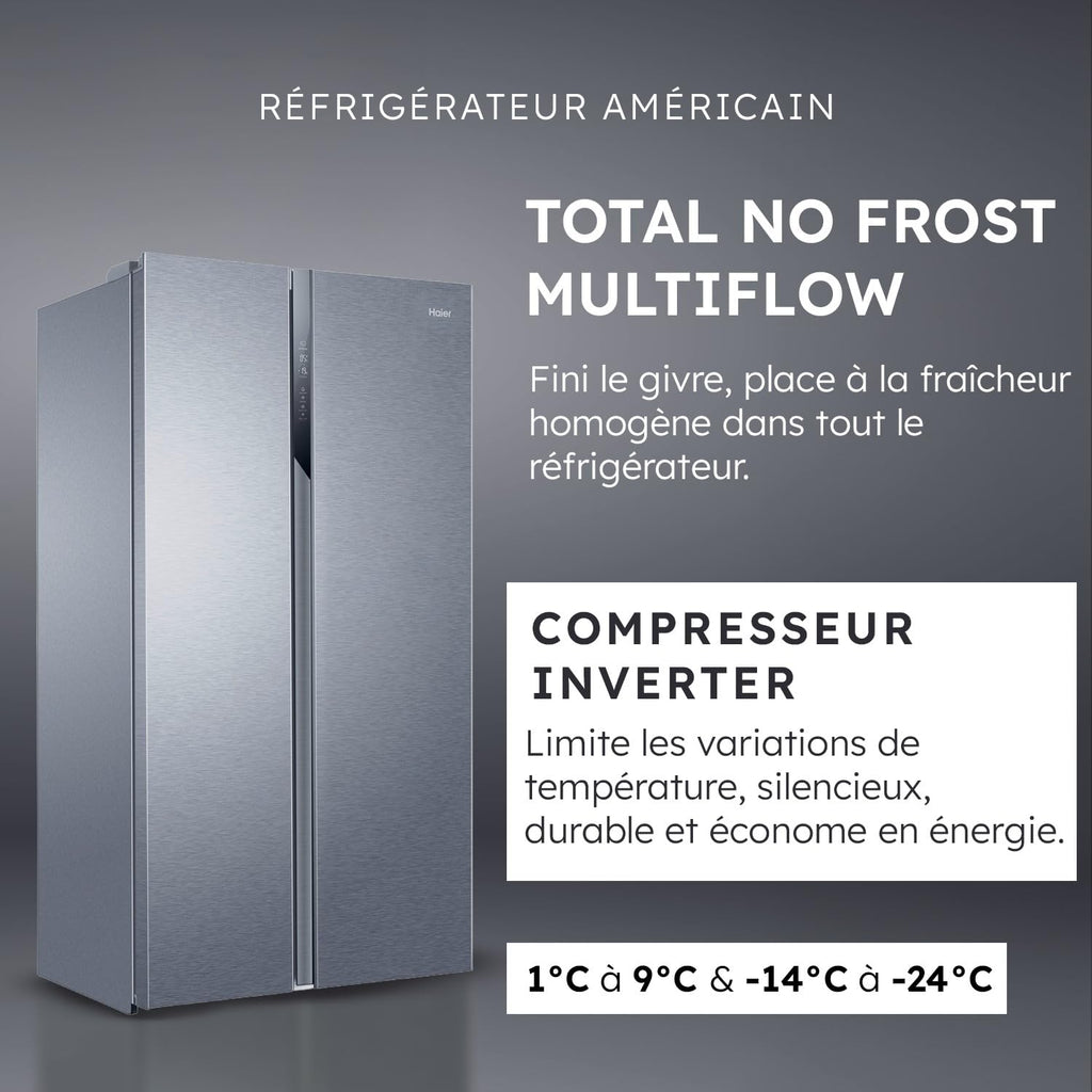 Réfrigérateur Américain - 2 Portes - Classe Énergétique E - Technologie Total No Frost Multi Air Flow - Inox - 337L + 191L (Congélateur) - 177,5 x 90,8 x 64,7 cm