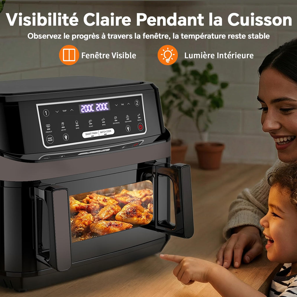 Friteuse sans Huile 12L XXL avec Technologie Dual Zone 2-en-1, Air Fryer 2600W avec Fenêtre de Visualisation & Éclairage, Smart Finish & Match Cook, 8 Programmes, Séparateur & Livre de Recettes Inclus