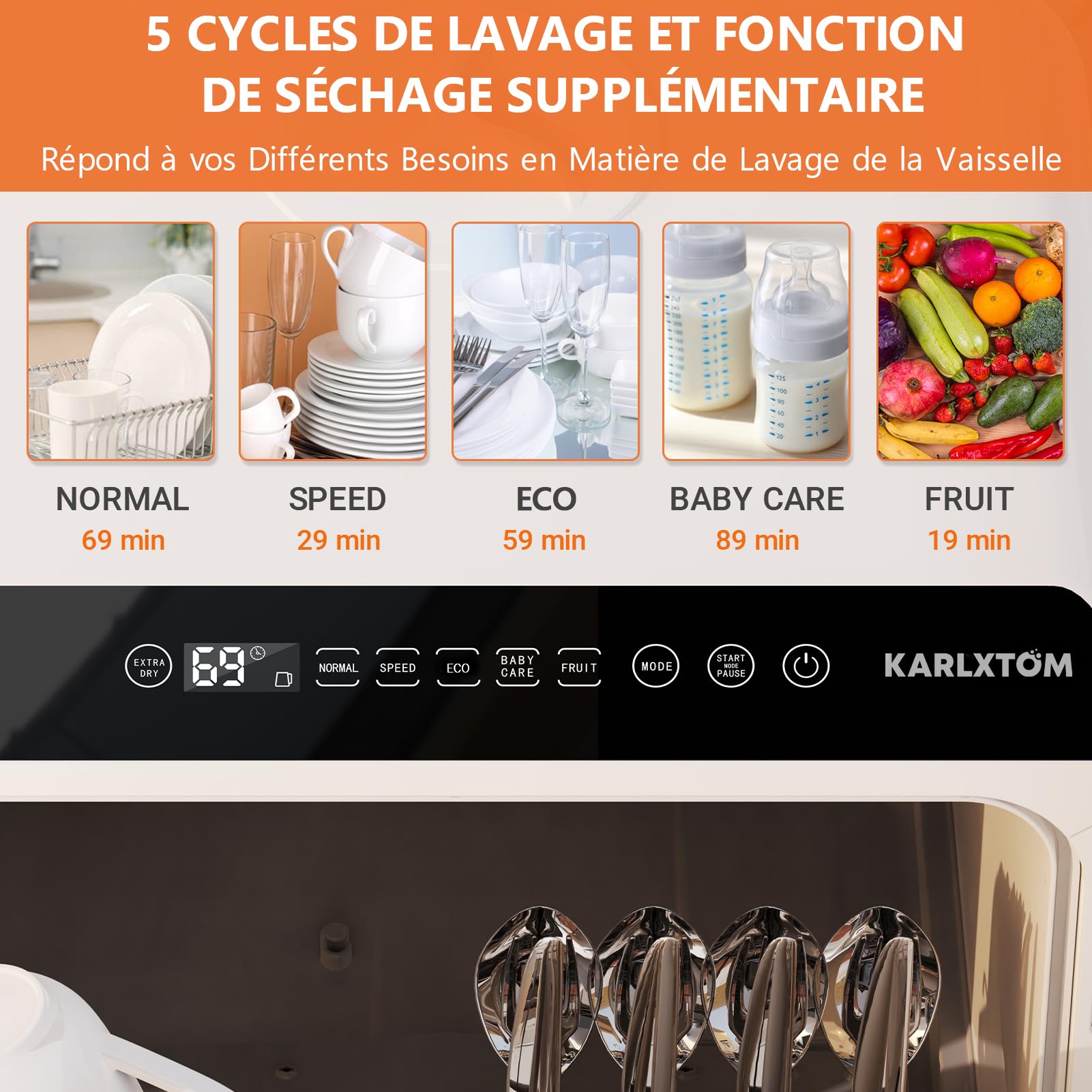 Lave-vaisselle de table, Mini Lave-vaisselle avec Comman destactiles à LED, 45CM, 6 Programmes, Lavage des fruits, Soins Pour Bébés