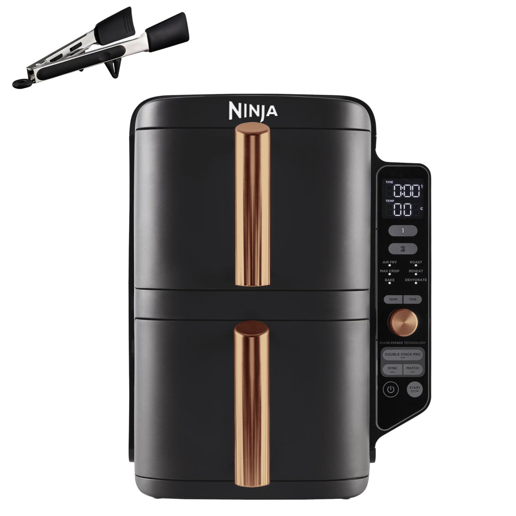 Double Stack XL Air Fryer 2 Compartiments Verticale, Compact, 4 Niveaux de Cuisson, Capacité de 9,5L, Air Fryer 6-en 1, Pièces Antiadhésives Amovibles Lavables Au Lave-Vaisselle, Noir/Cuivre
