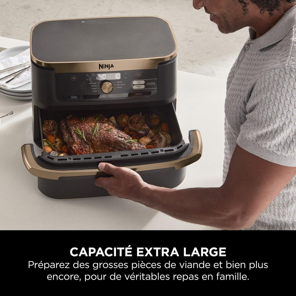 Foodi FlexDrawer Air Fryer, Dual Zone Avec Séparateur Amovible, Grand Tiroir de 10.4 L, 7-en-1, Double Zone, Pièces Antiadhésives Compatibles Au Lave-Vaisselle, Noir & Cuivre