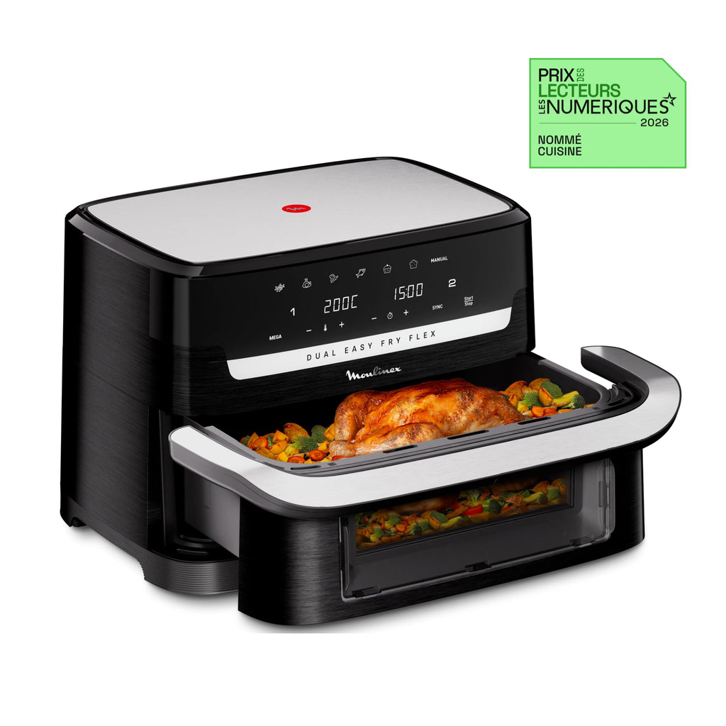 Easy Fry Dual Flex, air fryer, Grand tiroir de 9L, Double zone, Séparateur amovible, jusqu'à 8personnes, 7programmes intuitifs, noire, Noir