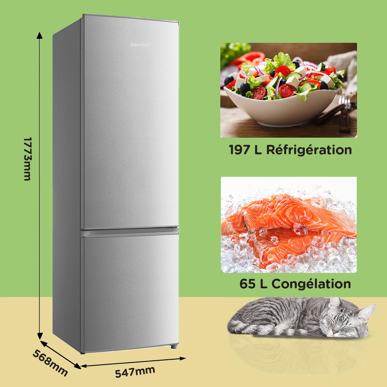 Réfrigérateur combiné 262L pour la maison - Grande capacité au quotidien - Technologie Low Frost - Silencieux (39 dB) - Acier inoxydable