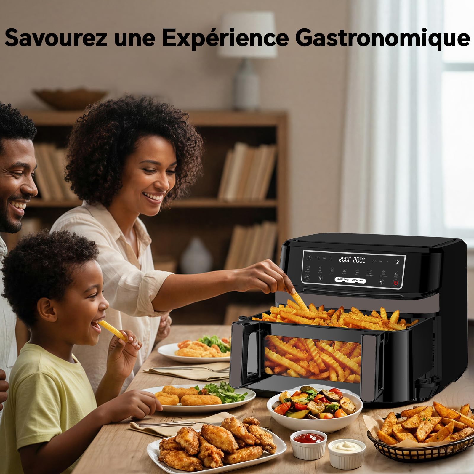 Friteuse sans Huile 12L XXL avec Technologie Dual Zone 2-en-1, Air Fryer 2600W avec Fenêtre de Visualisation & Éclairage, Smart Finish & Match Cook, 8 Programmes, Séparateur & Livre de Recettes Inclus
