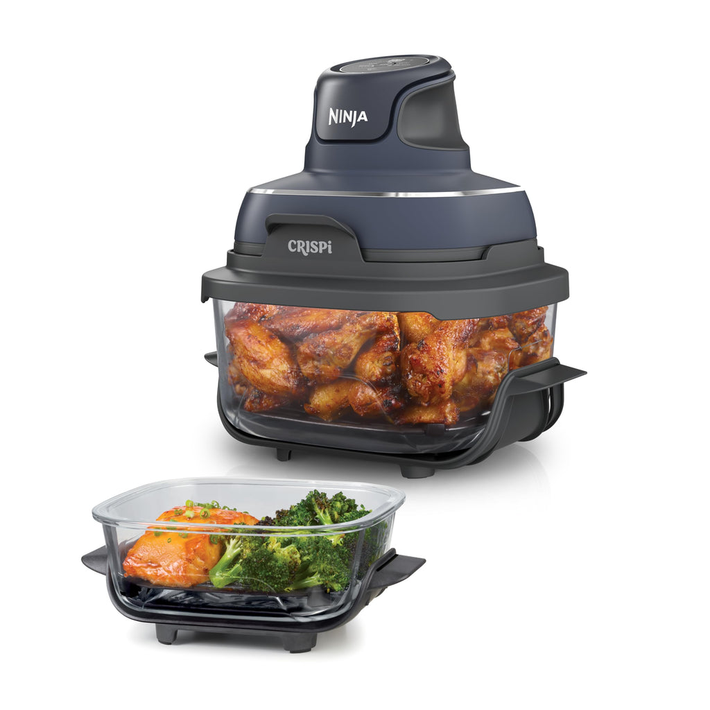 CRISPi Friteuse sans huile portable, 3,8L, 4-en-1 : Frire sans huile, Rôtir, Garder au chaud, Recroustiller, Design compact, 2 récipients avec couvercles, 1 700 W, Gris