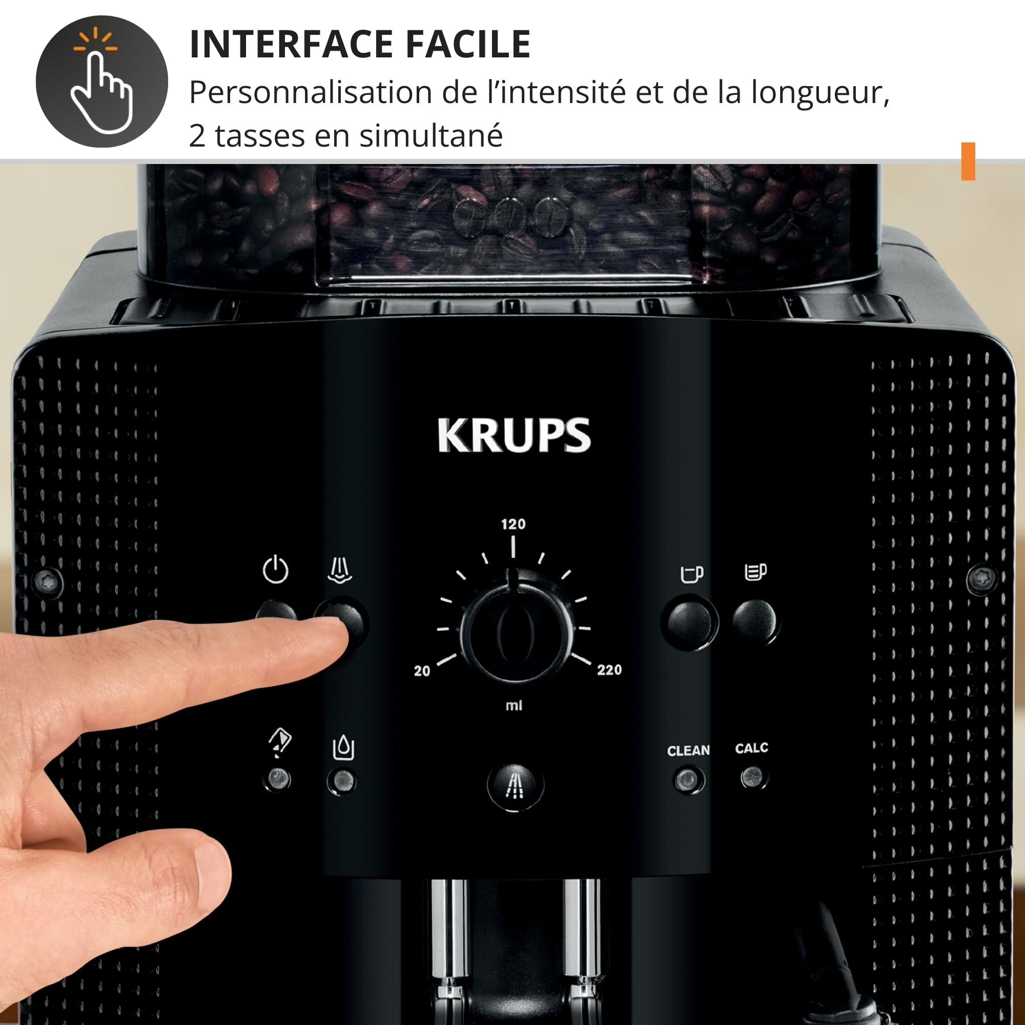 Machine à café grain, machine expresso, 2 tasses en simultané, Nettoyage automatique, Buse vapeur pour Cappuccino, Cafetière espresso, Essential noire