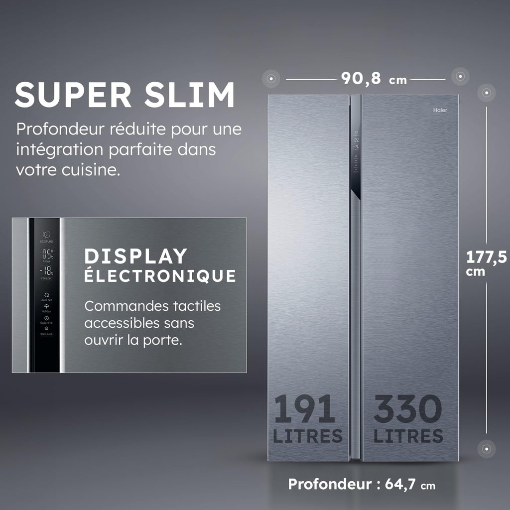Réfrigérateur Américain - 2 Portes - Classe Énergétique E - Technologie Total No Frost Multi Air Flow - Inox - 337L + 191L (Congélateur) - 177,5 x 90,8 x 64,7 cm