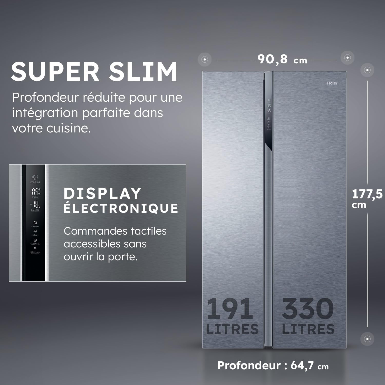 Réfrigérateur Américain - 2 Portes - Classe Énergétique E - Technologie Total No Frost Multi Air Flow - Inox - 337L + 191L (Congélateur) - 177,5 x 90,8 x 64,7 cm