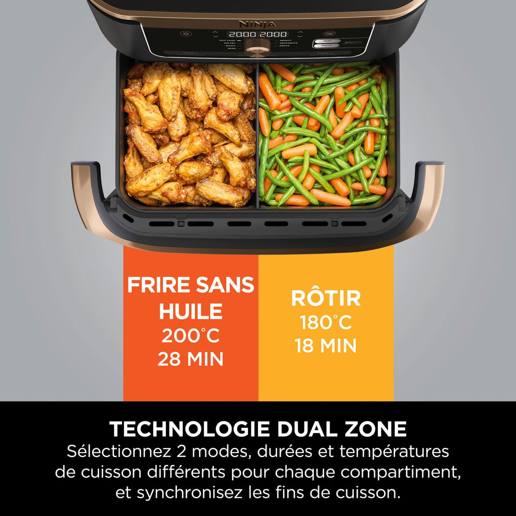 Foodi FlexDrawer Air Fryer, Dual Zone Avec Séparateur Amovible, Grand Tiroir de 10.4 L, 7-en-1, Double Zone, Pièces Antiadhésives Compatibles Au Lave-Vaisselle, Noir & Cuivre