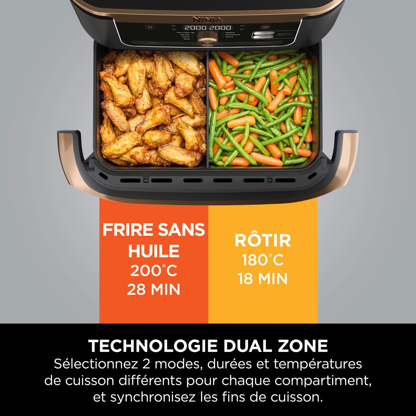 Foodi FlexDrawer Air Fryer, Dual Zone Avec Séparateur Amovible, Grand Tiroir de 10.4 L, 7-en-1, Double Zone, Pièces Antiadhésives Compatibles Au Lave-Vaisselle, Noir & Cuivre