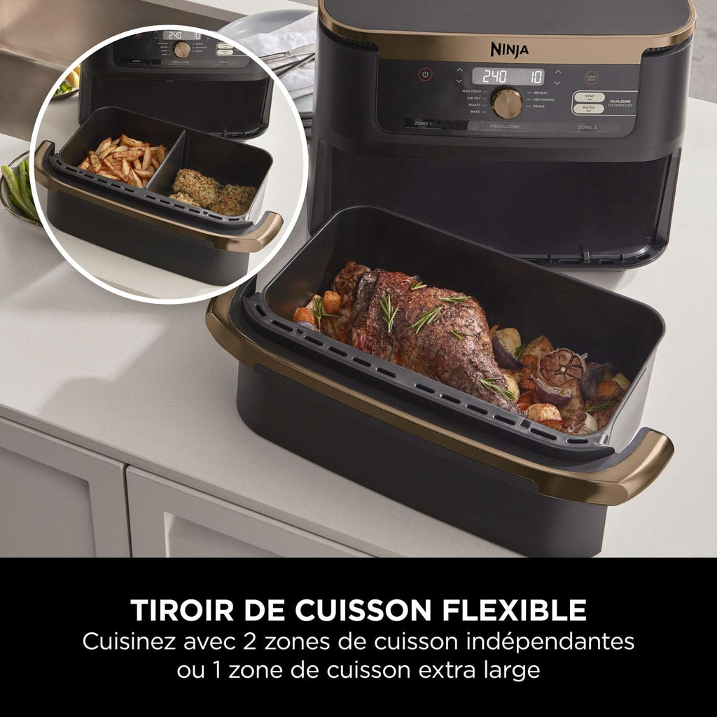 Foodi FlexDrawer Air Fryer, Dual Zone Avec Séparateur Amovible, Grand Tiroir de 10.4 L, 7-en-1, Double Zone, Pièces Antiadhésives Compatibles Au Lave-Vaisselle, Noir & Cuivre