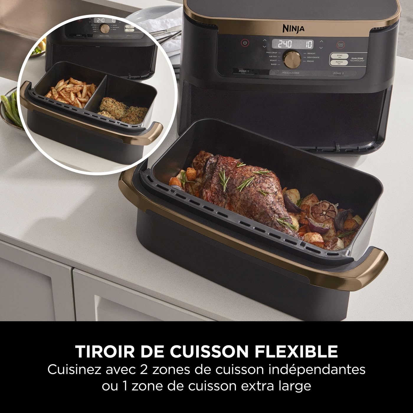 Foodi FlexDrawer Air Fryer, Dual Zone Avec Séparateur Amovible, Grand Tiroir de 10.4 L, 7-en-1, Double Zone, Pièces Antiadhésives Compatibles Au Lave-Vaisselle, Noir & Cuivre
