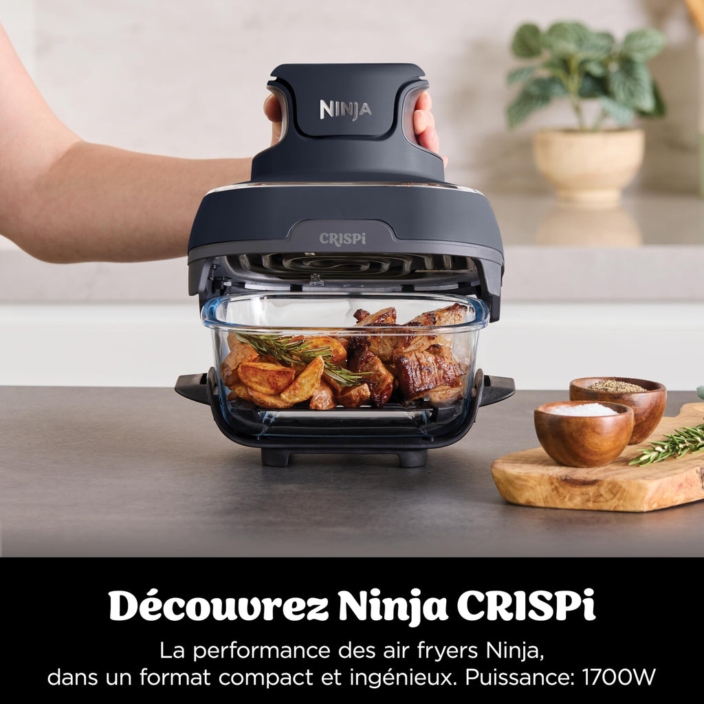 CRISPi Friteuse sans huile portable, 3,8L, 4-en-1 : Frire sans huile, Rôtir, Garder au chaud, Recroustiller, Design compact, 2 récipients avec couvercles, 1 700 W, Gris