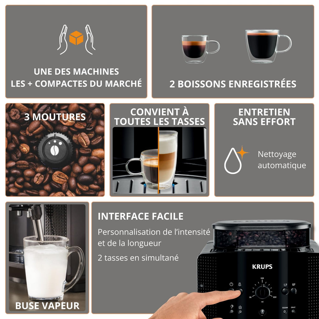 Machine à café grain, machine expresso, 2 tasses en simultané, Nettoyage automatique, Buse vapeur pour Cappuccino, Cafetière espresso, Essential noire