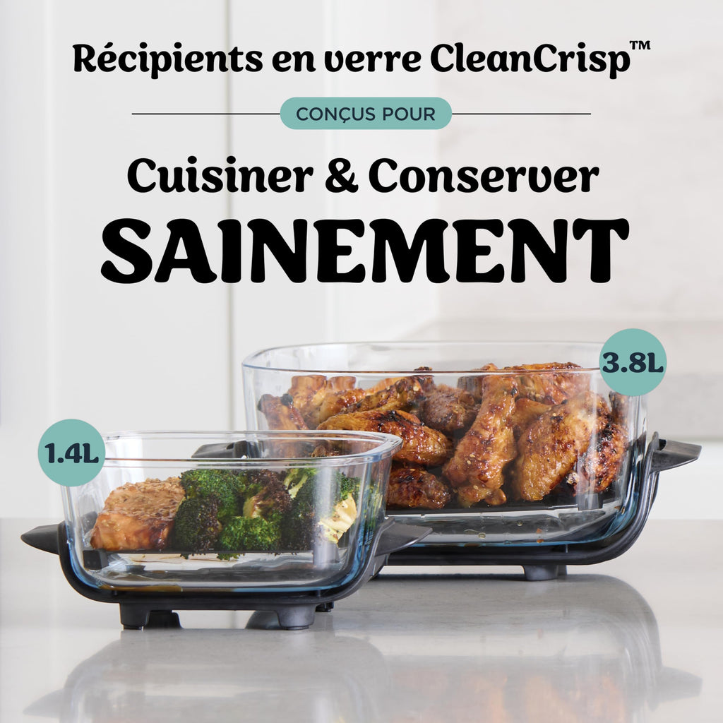 CRISPi Friteuse sans huile portable, 3,8L, 4-en-1 : Frire sans huile, Rôtir, Garder au chaud, Recroustiller, Design compact, 2 récipients avec couvercles, 1 700 W, Gris