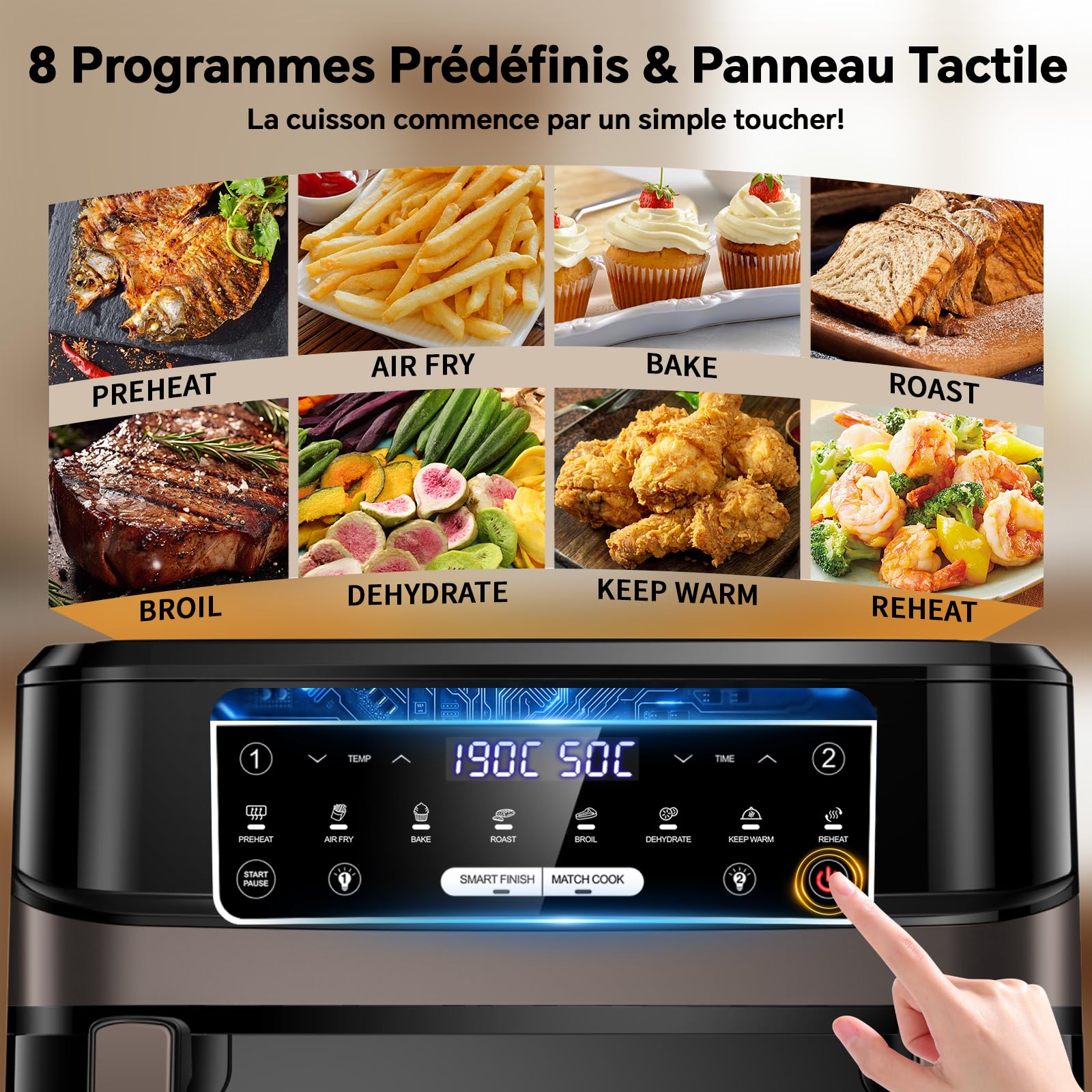 Friteuse sans Huile 12L XXL avec Technologie Dual Zone 2-en-1, Air Fryer 2600W avec Fenêtre de Visualisation & Éclairage, Smart Finish & Match Cook, 8 Programmes, Séparateur & Livre de Recettes Inclus