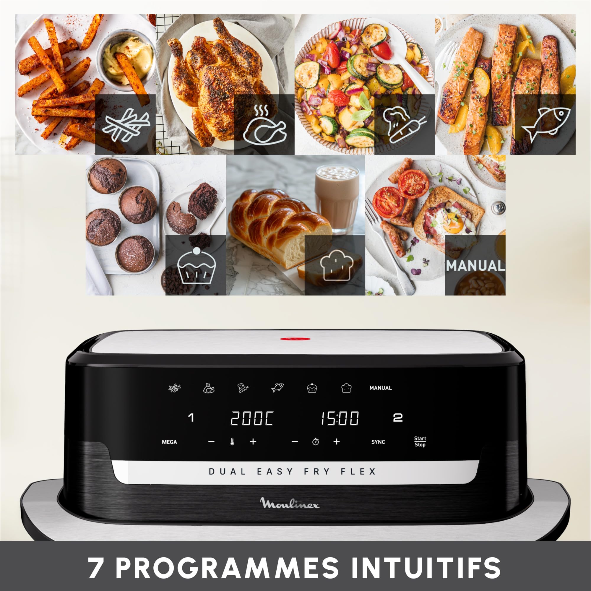 Easy Fry Dual Flex, air fryer, Grand tiroir de 9L, Double zone, Séparateur amovible, jusqu'à 8personnes, 7programmes intuitifs, noire, Noir
