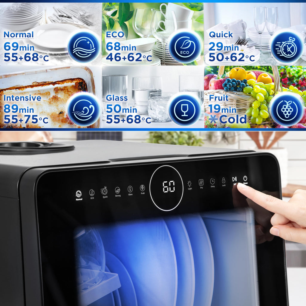 Lave-vaisselle de table 950W lave vaisselle posable portable compact gain de place pour petite cuisine 7 programmes de lavage séchage efficace pratique