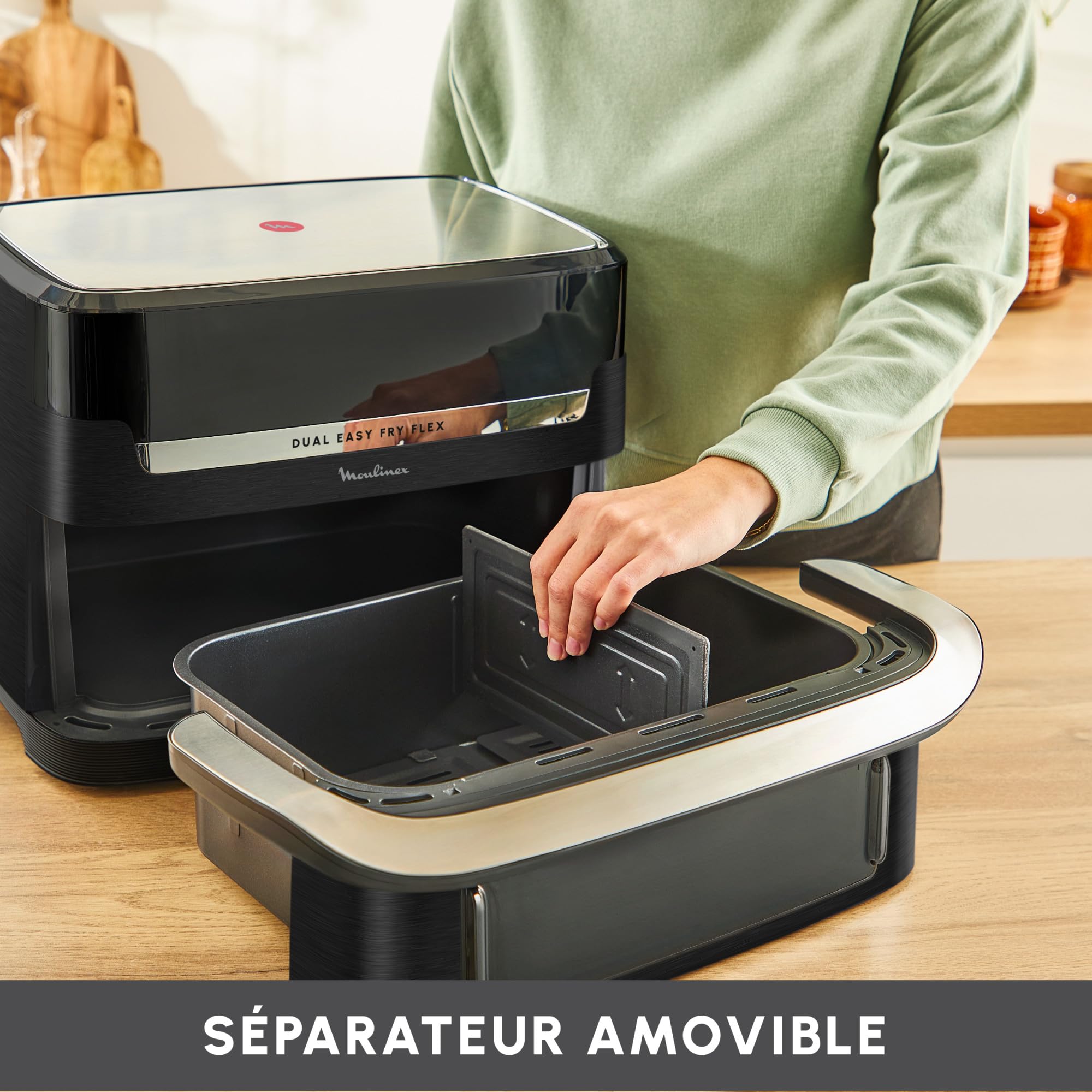 Easy Fry Dual Flex, air fryer, Grand tiroir de 9L, Double zone, Séparateur amovible, jusqu'à 8personnes, 7programmes intuitifs, noire, Noir