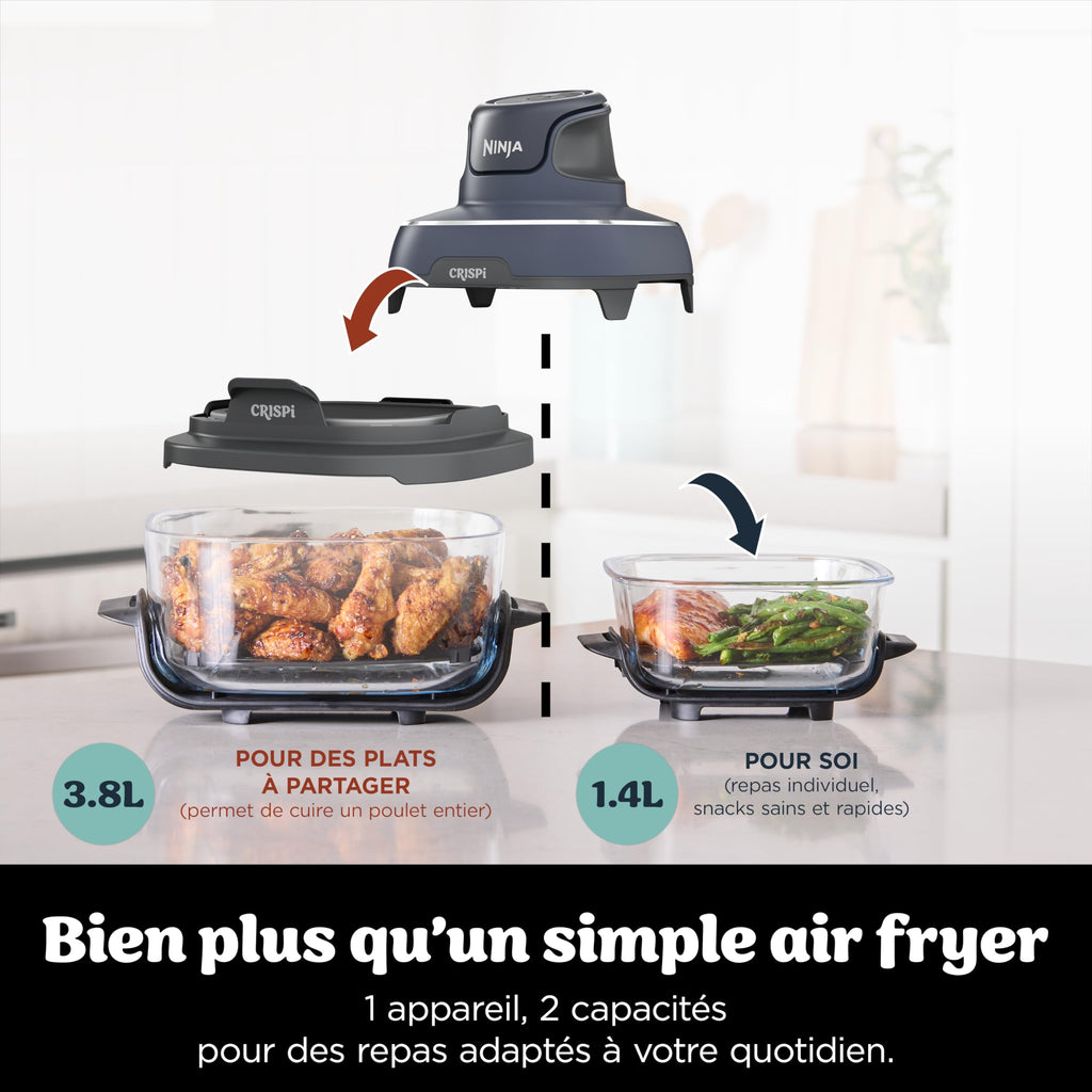 CRISPi Friteuse sans huile portable, 3,8L, 4-en-1 : Frire sans huile, Rôtir, Garder au chaud, Recroustiller, Design compact, 2 récipients avec couvercles, 1 700 W, Gris