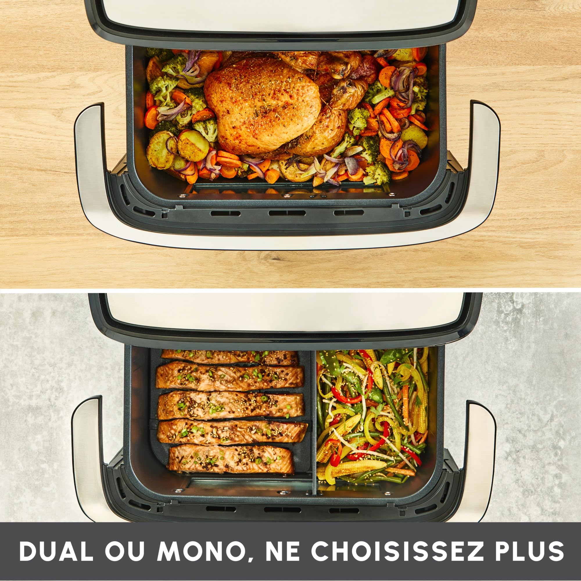 Easy Fry Dual Flex, air fryer, Grand tiroir de 9L, Double zone, Séparateur amovible, jusqu'à 8personnes, 7programmes intuitifs, noire, Noir