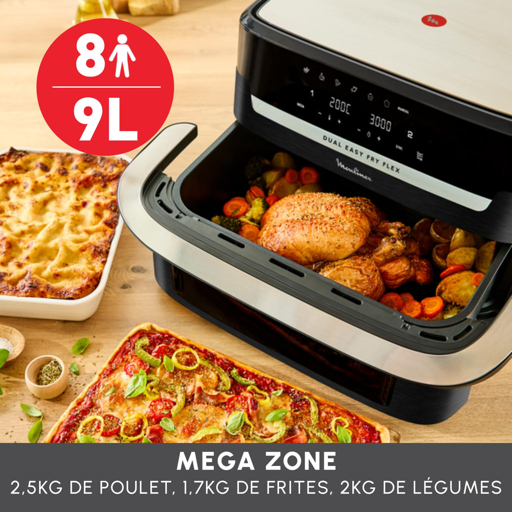 Easy Fry Dual Flex, air fryer, Grand tiroir de 9L, Double zone, Séparateur amovible, jusqu'à 8personnes, 7programmes intuitifs, noire, Noir