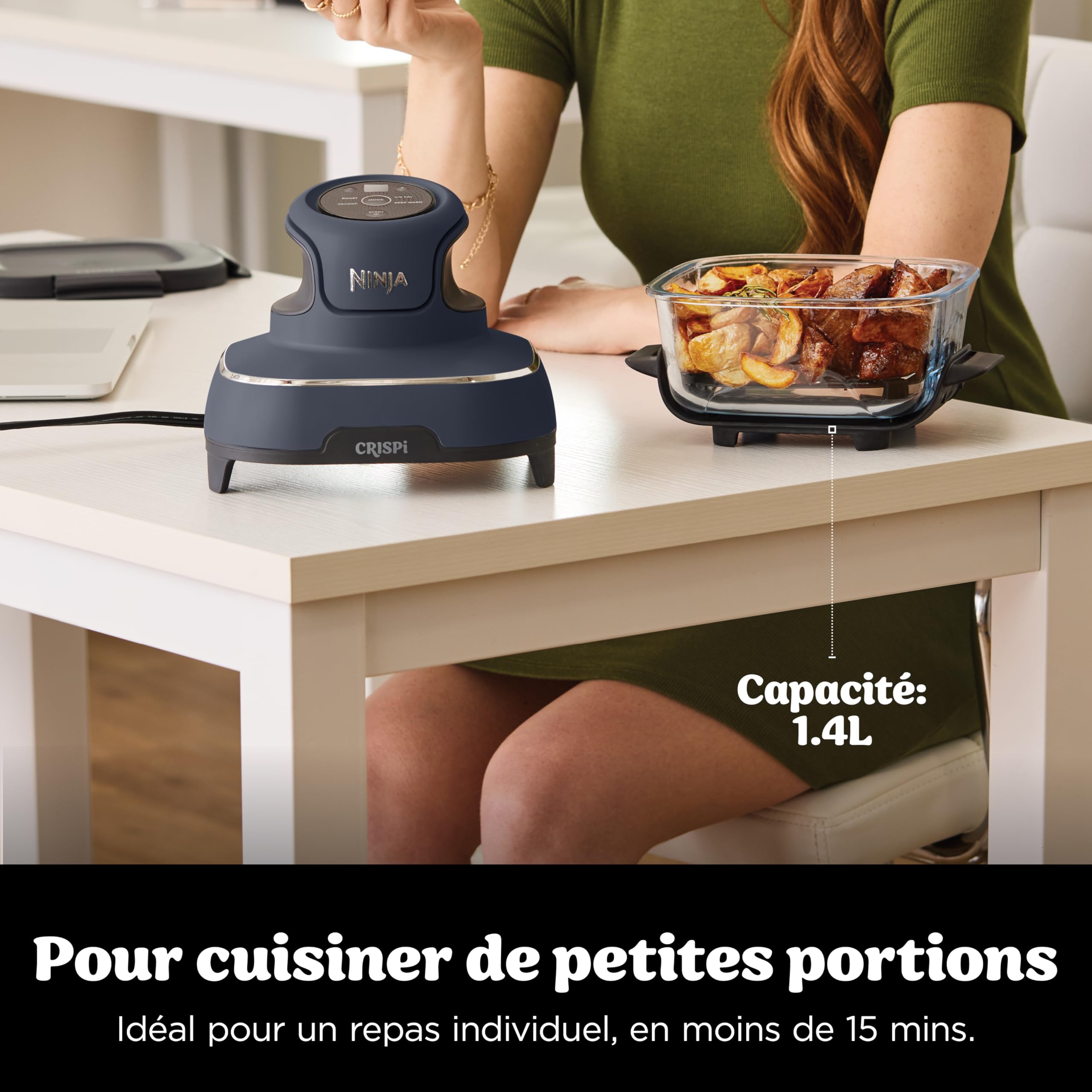 CRISPi Friteuse sans huile portable, 3,8L, 4-en-1 : Frire sans huile, Rôtir, Garder au chaud, Recroustiller, Design compact, 2 récipients avec couvercles, 1 700 W, Gris